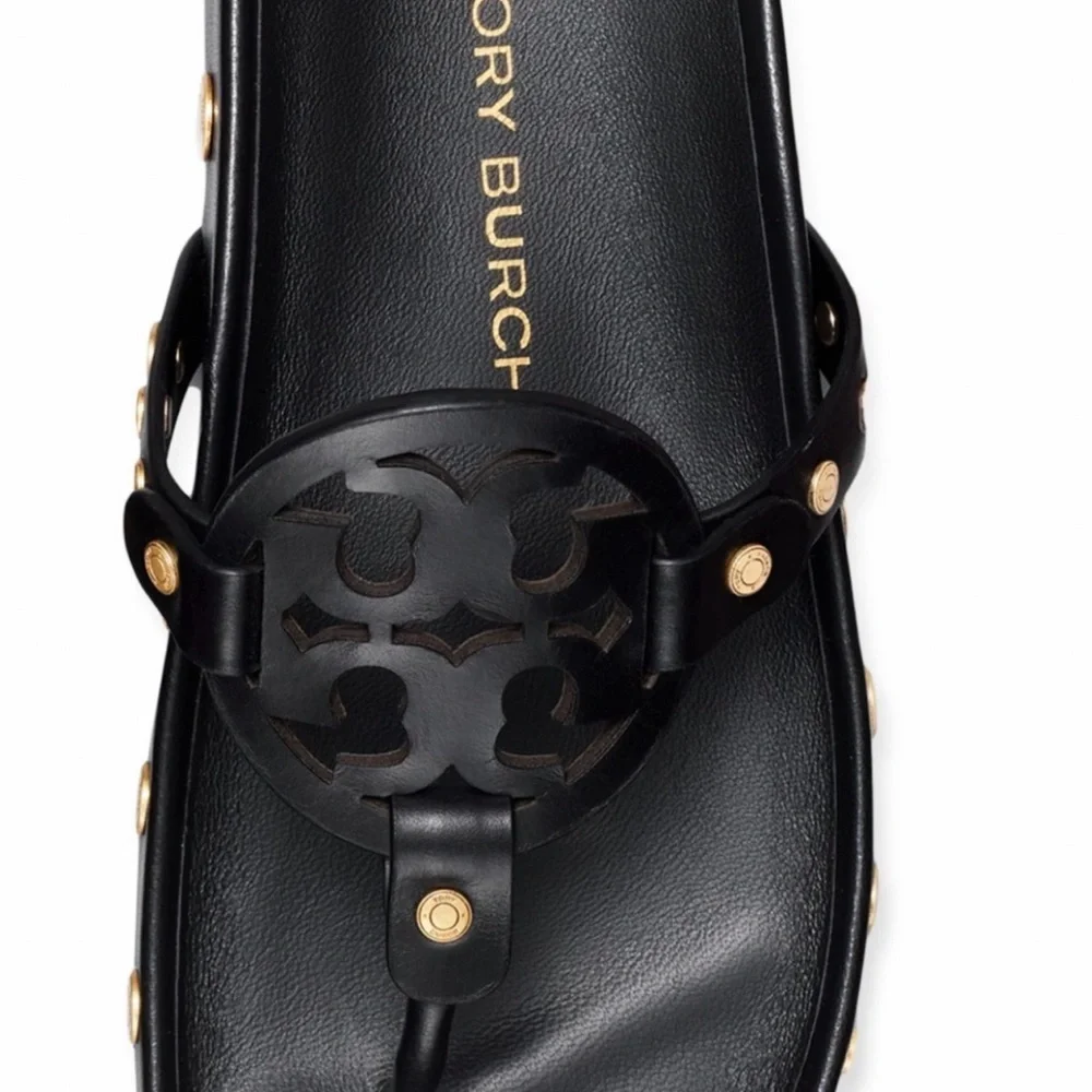 🔥🔥NWT Authentic Tory Burch Miller Cloud Gold Coin Thong Sandals Black 11 M